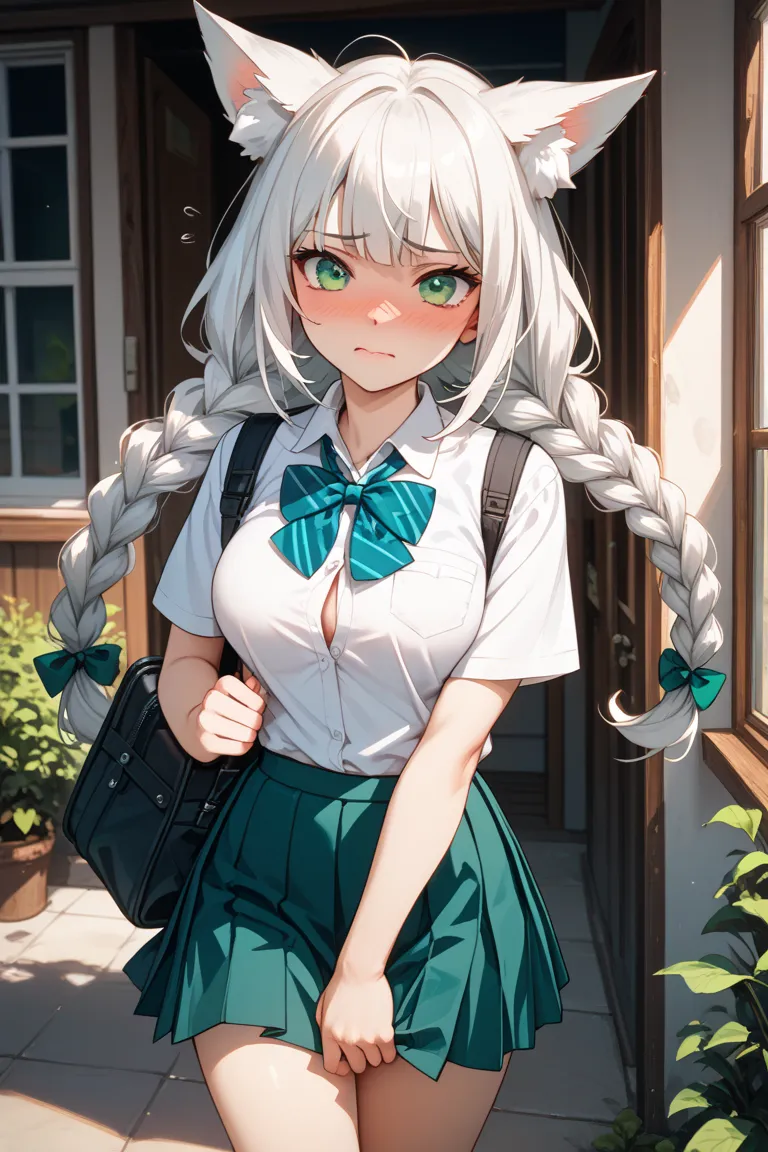  school uniform。Summer clothes。 fox ears。 white hair。hair inside ears is black。Partial braids。emerald green eyes。embarrassing。intense masturbation。I'm feeling it really 。 D cup breasts。