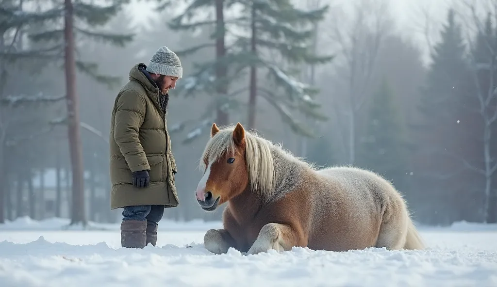 A horse with a thick winter coat lies on the snowy ground, its eyes showing either exhaustion or calmness. In front of it, a man wearing a heavy winter coat, wool hat, gloves, and boots stands silently, gazing at the horse. His expression conveys concern, ...