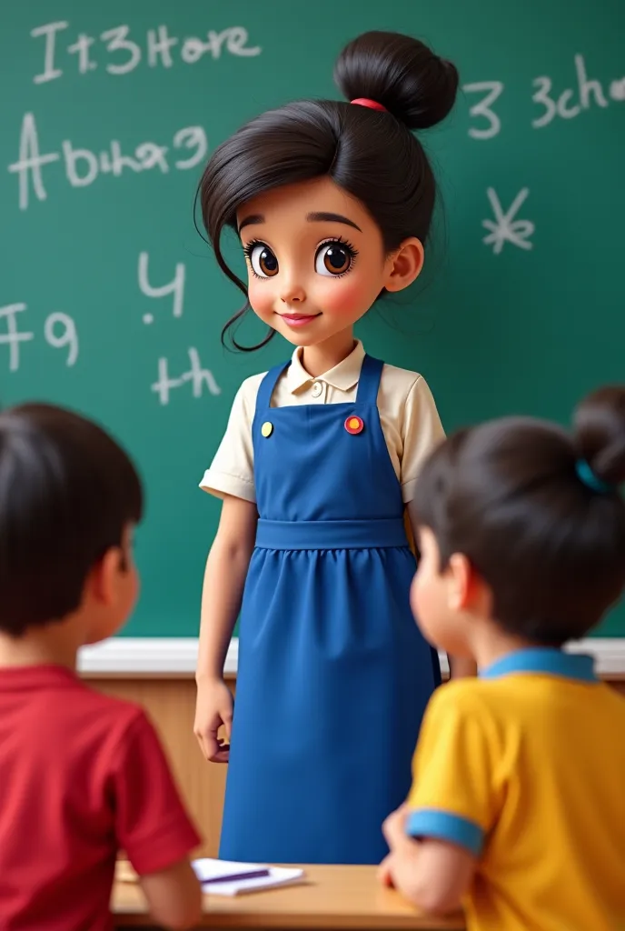 Disney cover , That this is a black-haired girl ,  dark brown eyes , eyelash extensions , doing classes in a primary school classroom ,He is on the blackboard and with 3 ren by his side, She has a royal blue teacher's apron 