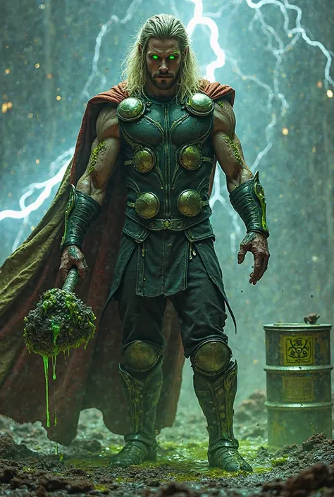 A nightmarish fusion of Thor and a biochemical infection. His once-golden hair is now blackened, his eyes glow a sickly green, and his Asgardian armor is corroded, covered in cracked veins filled with glowing toxic liquid. Mjolnir drips with a radioactive ...