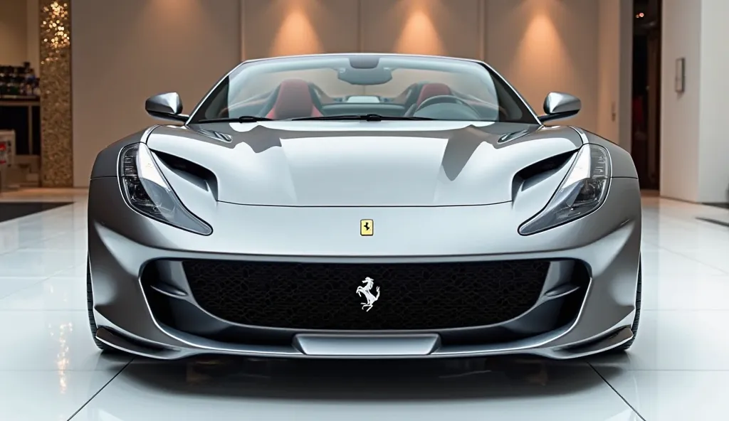 A high-performance Ferrari 12Cilindri Spider in a sleek silver-gray finish, showcased in a realistic straight front view. The car is positioned on a pristine white floor with a glossy reflection, enhancing its elegance and design. The background is modern ...