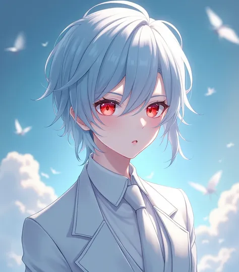 An anime boy, Silver blue hair, your eyes are red, your skin is pale, Are your chic clothes white.
