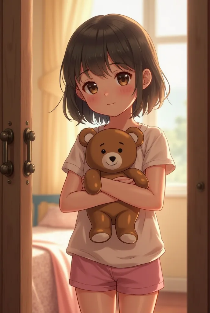 Beautiful 6th grade girl, pink pajamas shorts hold a teddy bear entering the room realistic photo.