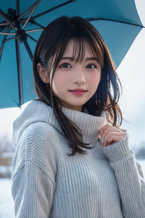 best quality, 8k, masterpiece :1.3)), 1 girl, random hairstyle,  photos, face focus, Costume, super detailed face, detailed eyes,  double eyelids, idol, cute, full body, Winter clothes, smile, Use an umbrella, It rains