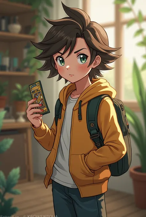 Ash-style Pokémon boy with wavy brown hair and green eyes holding a board game card