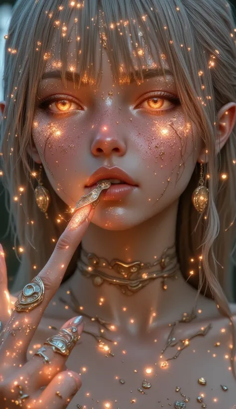 A girl in shiny patterns that glow with a beach, the girl has torn angelic wings glow with the glitter of God dressed in a torn rubber kigurumi Elf girl with freckles under her eyes in clothes made with a cut on the navel and on the legs and legs stockings...