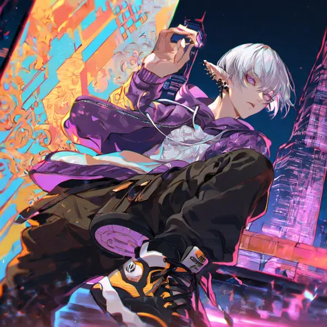 "A solo, tall young male with long limbs and an effortlessly handsome appearance, depicted in ultra-high resolution with exquisite details. He has silver-white hair in a stylish mushroom cut, sharp double eyelids, and striking purple eyes with intricate de...