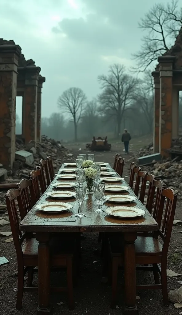 An intact dining table amidst a destroyed house, with plates and glasses still in place. The walls and roof are gone, and the stormy sky is visible above. The image is surreal and symbolic, representing the fragility of normality in the face of nature's fo...