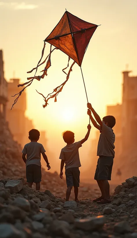 A group of ren playing among the rubble, momentarily ignoring the tragedy around them. One of them holds a kite made of fabric scraps, flying against a sky that is beginning to clear. The sunset light bathes the scene, giving it a tone of hope and resilien...