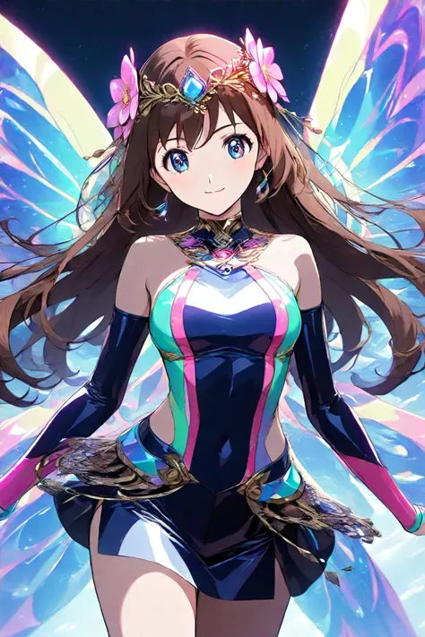 high quality　best image quality　Super Detail　 nothing 　high quality　4k 8k white dancer 　long brown hair　  pink flower hair ornament  　 medium breasts　 anime style　 　  smile face