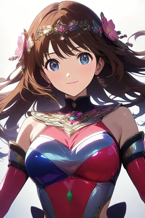 high quality　best image quality　Super Detail　 nothing 　high quality　4k 8k white dancer 　long brown hair　  pink flower hair ornament  　 medium breasts　 anime style　 　  smile face