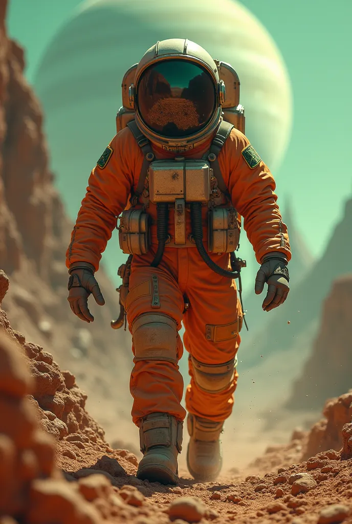  Close-up and focus image of a man dressed as an astronaut in a dirty orange dirt suit walking on the surface of a rocky planet in dark space,  You have one arm outstretched trying to hold something  ,   Perfect and detailed hands  , Dust accumulates when ...