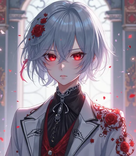 An anime boy, Silver blue hair, your eyes are red, your skin is pale, Are your chic clothes white, Black and red.