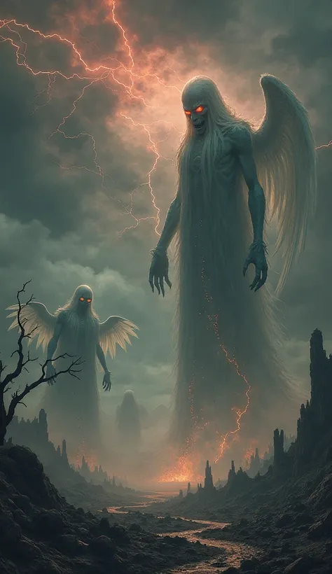 A chilling, atmospheric scene of the spirits of the Nefilim, monstrous and ethereal, forever bound to Earth. These towering, translucent forms rise from a forsaken, desolate world—an endless abyss of darkness and sorrow. The spirits are colossal, their bod...