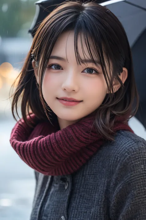 best quality, 8k, masterpiece :1.3)), 1 girl, random hairstyle,  photos, face focus, Costume, super detailed face, detailed eyes,  double eyelids, idol, cute, full body, Winter clothes, smile, Use an umbrella, It rains