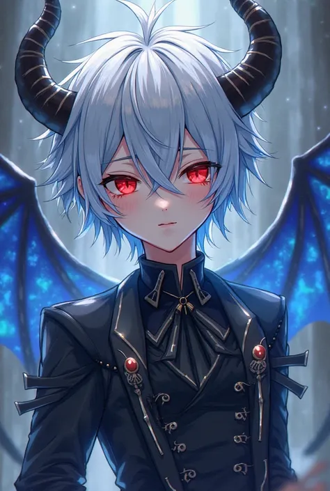  An anime-style man, he's wearing dark clothes with white details, He has blue demon wings and white and blue hair. Red eyes and is blushed with a small smile