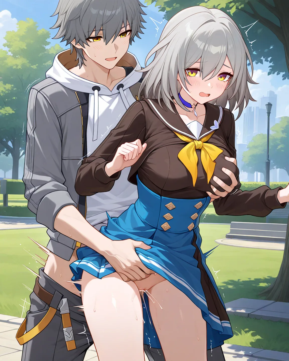 Caelus gray hair honkai star rail groped medium breasts stelle dressed gray hair yellow eyes embarrassed open mouth honkai star rail while groping her sex scenes in a park outside a school