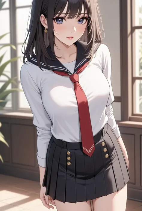 girl, anime, brown hair, medium length hair, bangs, large eyes, slightly embarrassed expression, 
honeycomb smile, looking sideways, school uniform, white shirt, sleeves rolled up, red necktie, black pleated skirt, tight skirt, buttons on the side, leaning...