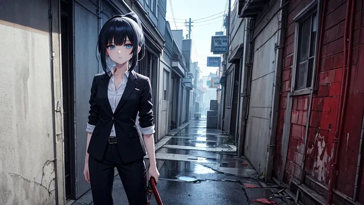 Masterpiece, best quality, chromatic aberration, film grain, high contrast, color contrast, cold colors, gritty, watercolor (medium). 1girl, Anime Semi-Stylized, Visual Novel Style, Main Menu Screen. Female character, 18 years old, ponytail black hair with...