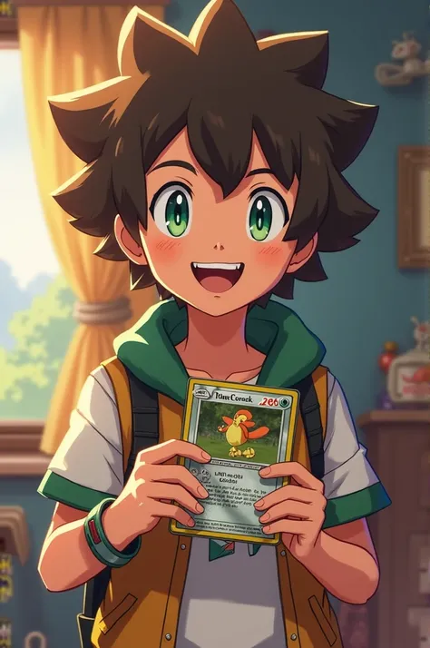 Ash-style Pokémon boy with curly hair and green eyes holding a Pokémon board game card