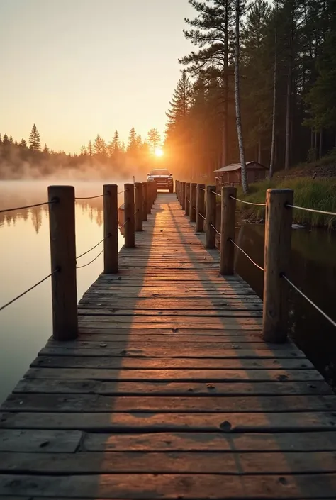 Close-up of a wooden bridge, the lake waters are calm as they reflect the sunset. In the background, in the distance, the 2024 GMC Yukon car parked next to the old cabin road, surrounded by very shady tall trees and pines. And the fog on the calm waters of...