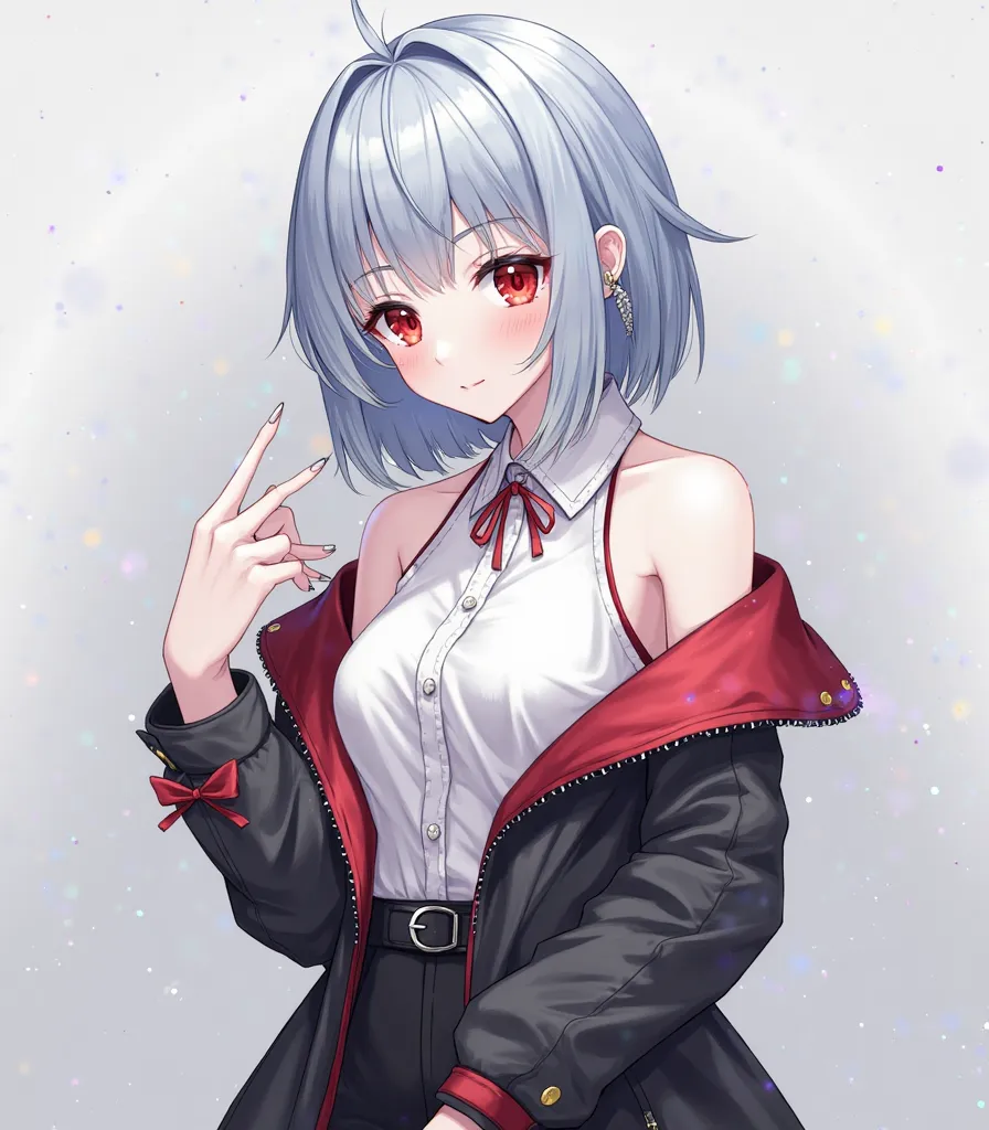  an anime girl , Silver blue hair, your eyes are red, your skin is pale, Are your chic clothes white, Black and red.
