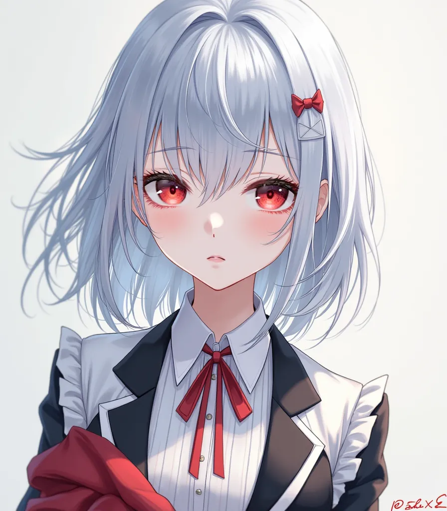  an anime girl , Silver blue hair, your eyes are red, your skin is pale, Are your chic clothes white, Black and red.
