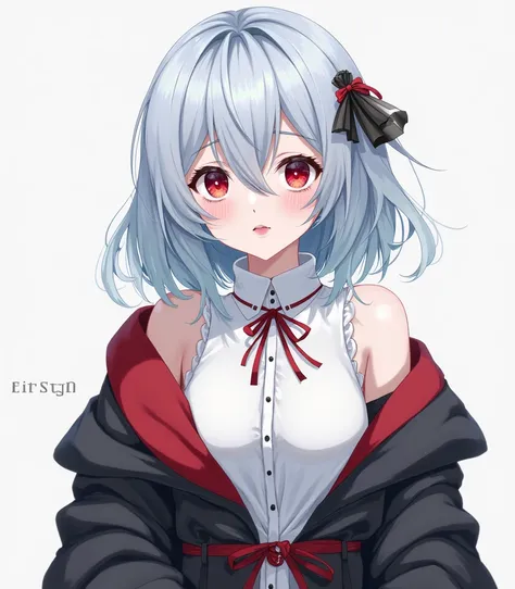  an anime girl , Silver blue hair, your eyes are red, your skin is pale, Are your chic clothes white, Black and red.
