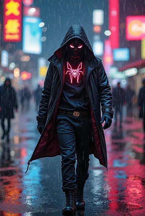 arafed man in a black suit and neon mask walking in the rain, futuristic style spiderman, spiderman as electro, cyberpunk suit, hero pose colorful city lighting, cyber suit, cyberpunk wearing, has cyberpunk style, wearing cyberpunk streetwear, cyberpunk he...