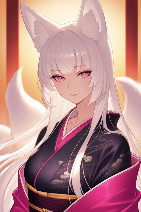 anime screencap, masterpiece, best quality, amazing quality, very aesthetic, newest, 1woman, solo, white hair, long hair, pink eyes, fox ears, fox tail, kimono, tall, highres