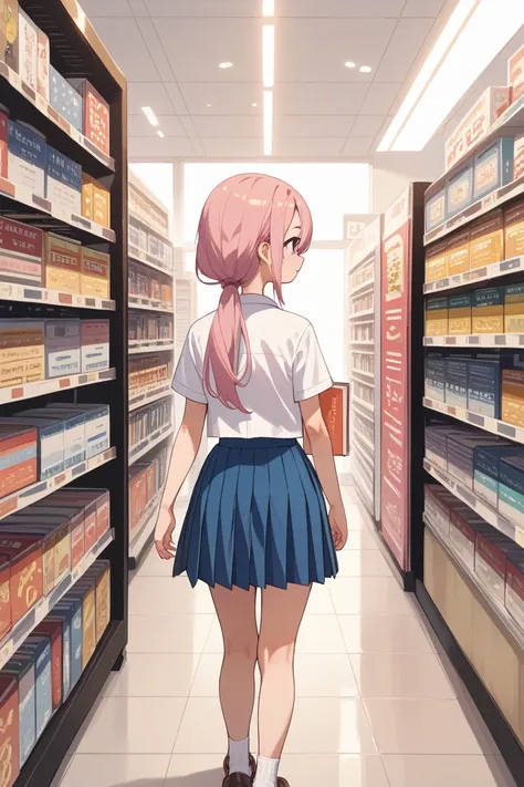 nsfw, pink long hair, medium breasts, highest quality, Anime style, one girl, book store, young girl, dark purple eyes, square head, Straight face,  tall stature, hair over right eye, swept bangs,  low ponytail,  , walking, blue skirt, panty, school unifor...