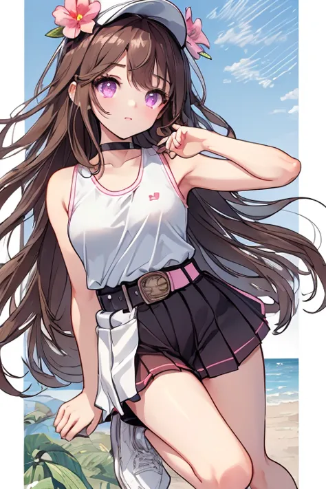  an anime girl,  Pink Eyes, long dark brown hair , ((dark brown hair)),  pink sportswear, good face, cute body, big arms and legs, pleated pink skirt, pink sports skirt, ((Black fitted short top )), Square black sleeveless fitted compression top, ((small w...