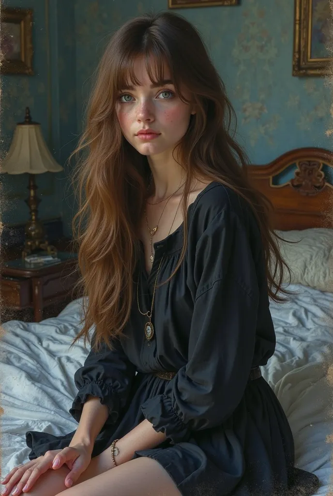 An oil painting with a watercolor effect,  inspired by the Harry Potter universe . The image shows a young woman 21-year-old Englishwoman with a youthful and enigmatic appearance.  Her brown hair is long , smooth and frayed , style with a fringe lying on o...