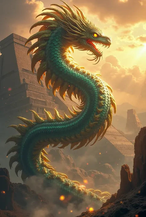 An ultra-realistic and cinematic depiction of Quetzalcoatl, the mighty feathered serpent god of Mesoamerican mythology. His colossal, serpentine body is covered in a breathtaking array of iridescent emerald-green and shimmering gold feathers, each one deta...