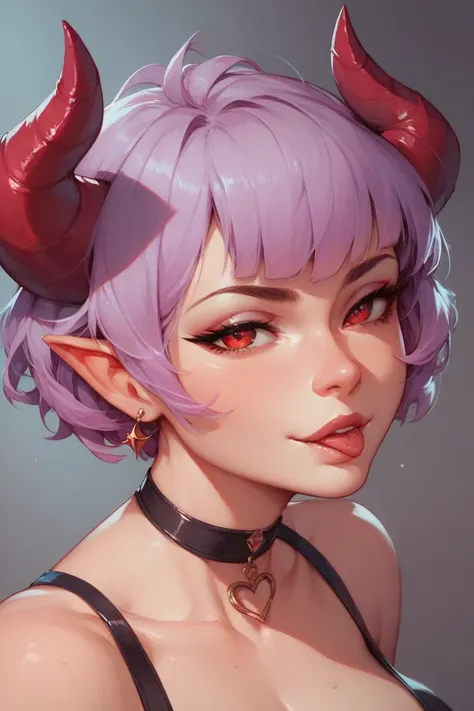 Draw a short hair with pink purple hair，The little succubus with unique devil horns，two-dimensional style，Beautiful and lovely，The look is a bit teasing、Meaning of contempt， and spit out，and a red face