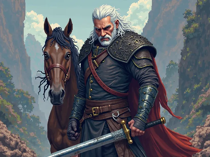 an image of angry Geralt is holding a sword and his horse. Pixal art.