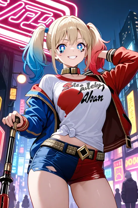 Create an illustration of Harley Quinn in anime style, inspired by the anime Suicide Squad Isekai. She wears her iconic outfit with a red and blue jacket, short shorts, and a white shirt that says 'Daddy's Lil Monster.' Her hair is styled in two pigtails w...