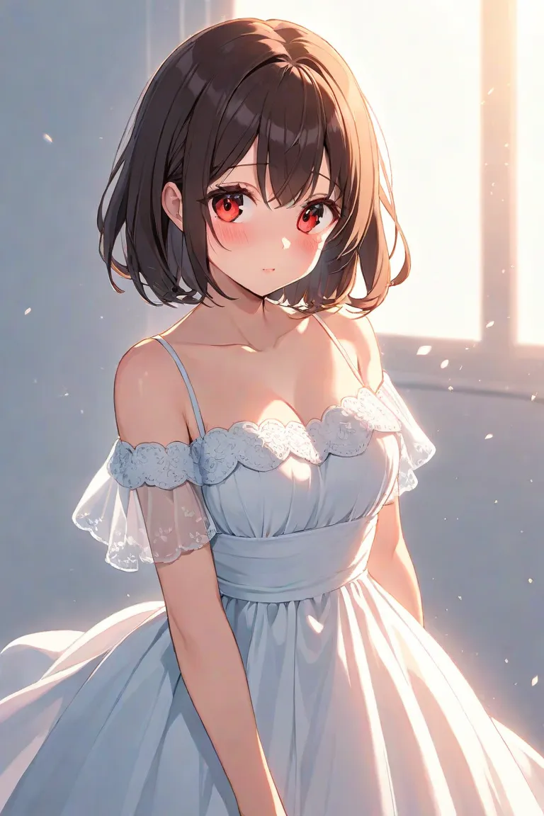 Anime style beautiful girl、Dark hair with medium hair 、 big eyes、I'm in love at first sight、dress with red mouth and cheeks、I'm holding my mouth、 has red cheeks、white background、