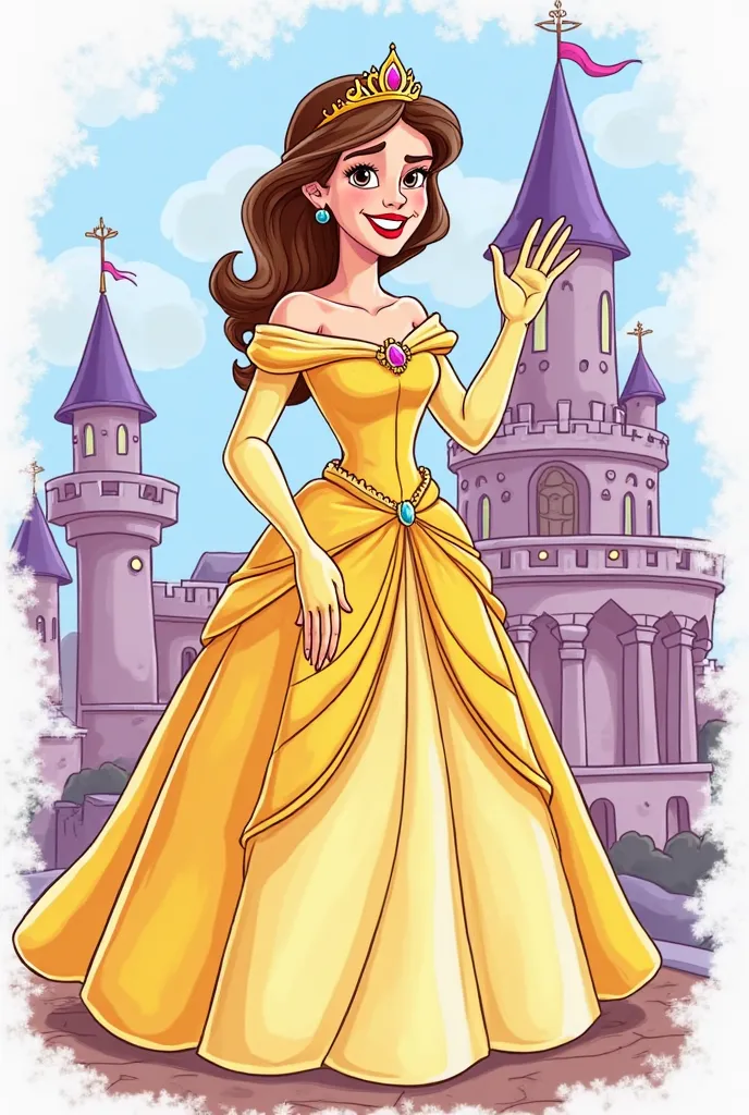 a cartoon of a princess in a yellow dress waving from her castle balcony' and a princess in a purple dress, a storybook illustration inspired by Melissa Benson, shutterstock, process art, cartoon style illustration, princess portrait, coloring book page, c...