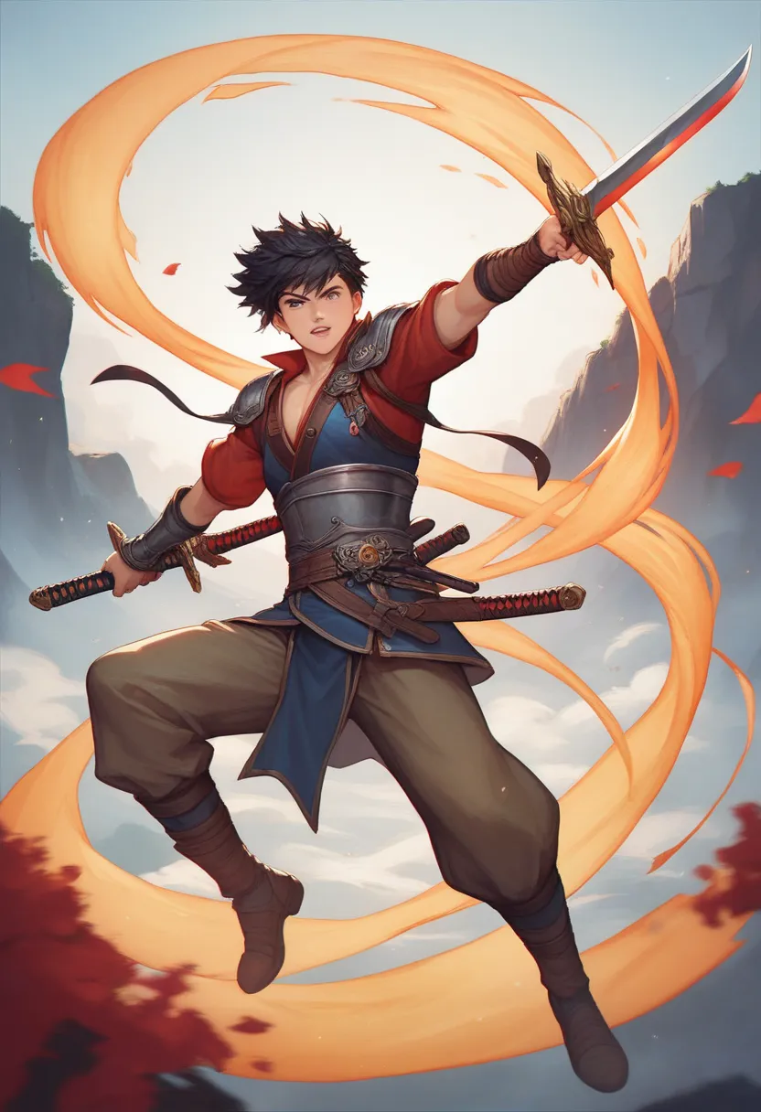 
 warrior, wielding a sword, Pose should highlight dynamic movement, energy flowing from the gauntlet,(( anime style)), full body










Create an image of a warrior with a sword, Anime Style,  Whole body.
pose: It channels energy through its sword and ...