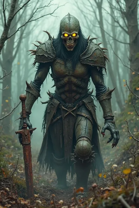  A desolate wasteland , a wilted and rotten forest, A toxic fog, a ghoul,  horrible , long claws,  bright yellow eyes , wearing broken and rusted iron armor,  stained with blood, holding a rusty sword 