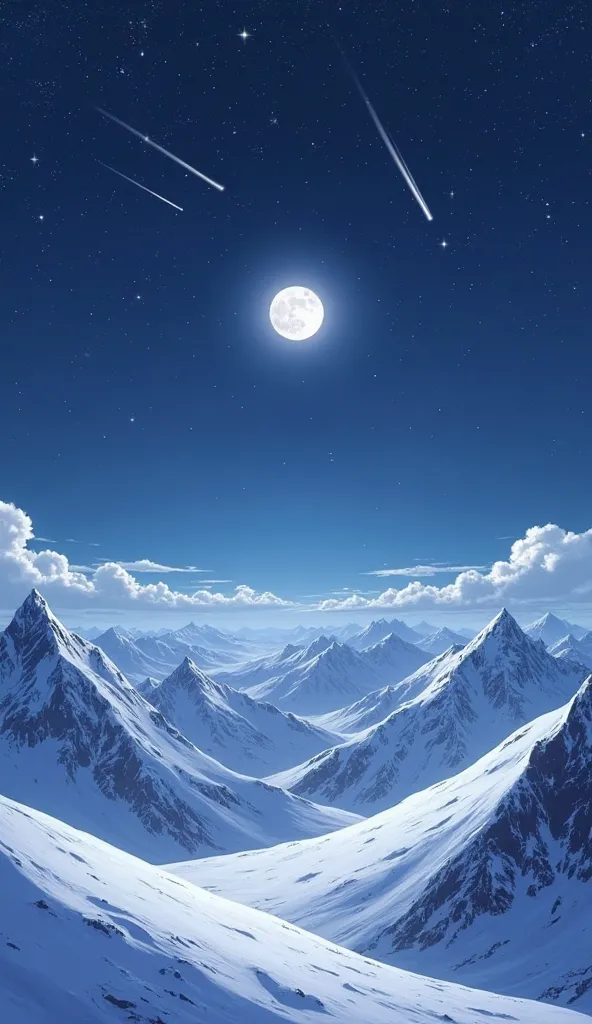 A breathtaking anime-style night scene unfolds atop a snow-covered mountain, where the world is silent beneath the vast, star-filled sky. The untouched white snow blankets the rugged peaks, shimmering softly under the moonlight, while a crisp, icy breeze d...