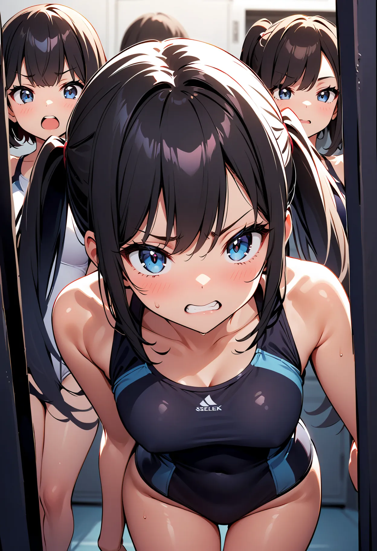 (Commemorative photo of a girls:1.4) ,  (複数のgirls:1.5),    ( black hair:1.4),  ponytail，  hair clip,   girls,  (  One Piece Swimsuit:1.4),(Locker room:1.4), ,,   angry face, open your mouth slightly,  pay close attention to light and shadow,    background ...