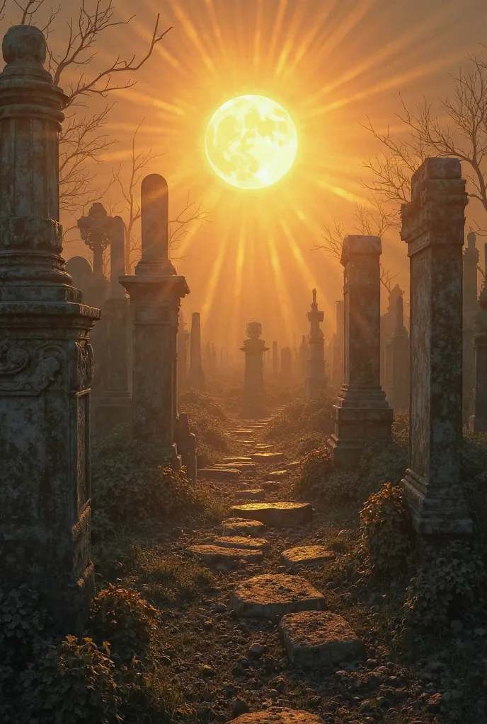 A sun with illuminated rays, Not high, Under an old cemetery, with headstones on the ground, Realistic image