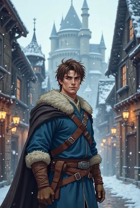 A  warrior with short, slightly messy brown hair stands confidently in the middle of a medieval city covered in snow. His determined gaze is fixed on the horizon as snowflakes gently fall around him. He wears a rugged blue tunic with reinforced stitching, ...