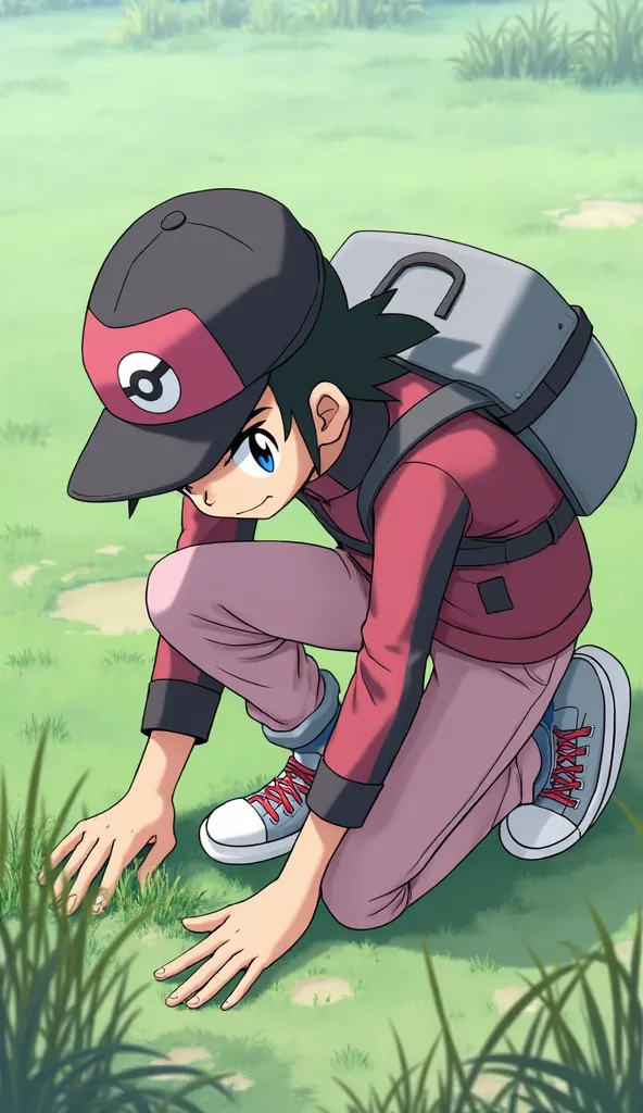 "Satoshi (Ash Ketchum), dressed in his dark pink jacket with black sleeves and white trim, light pink jeans, and high-top white-and-black sneakers with pink laces, kneels near a patch of tall grass, scanning the area carefully. His black-and-pink cap with ...