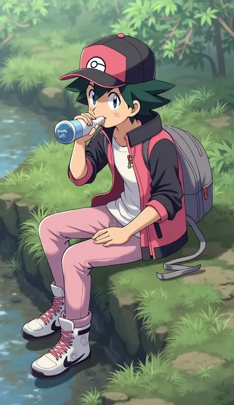 "Satoshi (Ash Ketchum) takes a short break, sitting on a moss-covered rock by a small creek. He takes off his black-and-pink cap with a Poké Ball logo, wiping sweat from his forehead before drinking from his water bottle. His dark pink jacket with black sl...