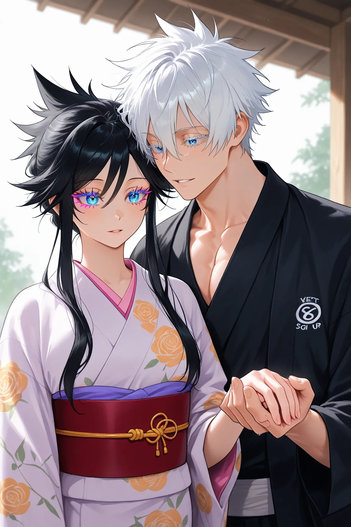 1 man, 1 woman, Satoru Gojo, very tall and muscular, white hair, spiky hair, blue eyes, colorful eyelashes, next to his mother, 1 woman, Yuri egin, long black hair, blue eyes, only the mother wears kimono, holding her adult son's hand. complete bodies. ((S...