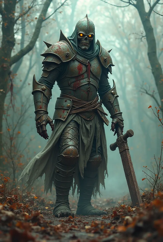  medieval era,  A desolate wasteland , a wilted and rotten forest, A toxic fog, A zombie,  horrible , long claws,  bright yellow eyes , wearing broken and rusted iron armor,  stained with blood, holding a rusty sword 