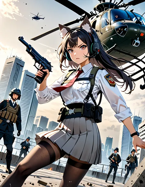(masterpiece), (best quality), (high res), high details, 4k, 8k, solo focus, 1girl, female samurai, Japanese military officer, (cat ears:1.1, animal ears, fluffy ears:1.2), college-aged female, long hair, black hair, tactical headset, hair ornament, white-...